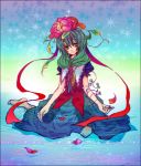  colorful dress flower green_eyes green_hair kagiyama_hina long_hair nomichi ribbon touhou translated translation_request 