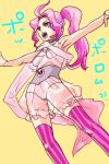  armpits blue_eyes breasts character_name earrings final_fantasy final_fantasy_iv final_fantasy_iv_the_after jewelry nattoucoroni open_mouth pink_hair pink_legwear porom see-through solo thigh-highs thighhighs under_boob underboob vertical-striped_legwear vertical_stripes 