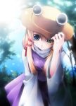  blue_eyes eyes face hair_ribbon hand_on_hat hat hat_over_one_eye leaning_forward moriya_suwako ribbon shinolion solo sunlight touhou turtleneck wide_sleeves 