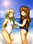  ass bad_id beach blonde_hair blush brown_eyes brown_hair dual_persona laboto lily_black lily_white long_hair multiple_girls ocean one-piece one-piece_swimsuit sea swimsuit touhou 