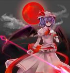  bat_wings blue_hair hat moon polearm red_eyes red_moon remilia_scarlet ribbon short_hair spear spear_the_gungnir touhou weapon wings wrist_cuffs 