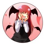  ^_^ bad_id bat_wings circle closed_eyes fang hands_on_own_face head_wings heart koakuma long_hair nanatsu open_mouth red_hair redhead simple_background smile solo touhou wings 