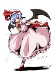  bat_wings blue_hair favfavver2 hand_over_mouth hat red_eyes remilia_scarlet ribbon short_hair simple_background standing_on_one_leg touhou wings wrist_cuffs 