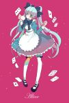 alice_(wonderland) alice_(wonderland)_(cosplay) alice_in_wonderland apron blue_hair card cards cosplay cup dress falling_card hair_ribbon hatsune_miku long_sleeves lying_card parody playing_card playing_cards ribbon shinji_(secound2ikari) simple_background solo teacup thigh-highs thighhighs twintails vocaloid white_legwear white_thighhighs 