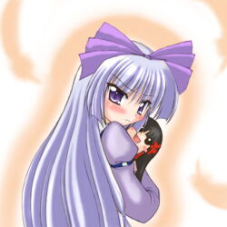 00s 1girl 2000s_(style) 3.1 3.1-tan angry black_hair blunt_bangs blush hair_ornament long_hair long_sleeves os-tan plush plush_toy purple_hair violet_eyes windows_3point1 xp xp-tan