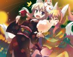  2girls animal_ears blonde_hair blue_eyes blush_stickers candied_apple candy_apple closed_eyes cotton_candy festival fox_ears fox_mask fox_tail japanese_clothes kimono mask multiple_girls original oryou ponytail tail yukata 