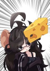  1girl absurdres ahoge animal_ears bad_link bags_under_eyes black-framed_eyewear black_eyes black_hair blush cheese ferumon flat_chest food highres huge_ahoge indie_virtual_youtuber large_ears long_hair long_sleeves messy_hair mesugaki mole mole_under_mouth mouse_(animal) mouse_ears mouse_girl open_mouth petite rectangular_eyewear ririgaki shirt simple_background sleepy solo virtual_youtuber 