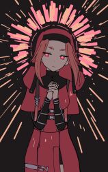  1girl breasts hat heaven_burns_red highres interlocked_fingers large_breasts maria_de_angelis neil_okysk nun parted_bangs red_eyes red_hair solo veil 