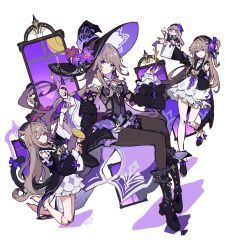  4girls black_boots black_dress black_pantyhose boots brown_hair closed_mouth detached_sleeves dress flower full_body hat hat_flower herta_(honkai:_star_rail) highres honkai:_star_rail honkai_(series) ideolo knee_boots long_hair long_sleeves looking_at_viewer multiple_girls pantyhose simple_background sitting smile the_herta_(honkai:_star_rail) violet_eyes white_background witch_hat 