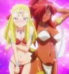  bikini_top blonde_hair blue_eyes blush cap dark_skin embarrassed forehead freckles kirche_augusta_frederica_von_anhalt_zerbst lipstick loincloth long_hair montmorency_margarita_la_fere_de_montmorency orange_eyes red_hair redhead screencap stitched swimsuit zero_no_tsukaima 