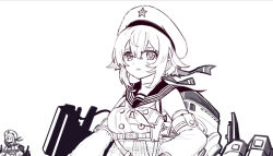 1girl beret breasts detached_sleeves greyscale gun hair_between_eyes hair_flaps hat hat_ornament jinan_(warship_girls_r) lineart looking_at_viewer monochrome sailor_collar short_hair solo star_(symbol) star_hat_ornament upper_body warship_girls_r weapon z.s.w. 