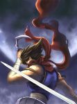  brown_hair capcom gar male male_only moon ninja red_scarf ryou_(pixiv22748) scarf solo strider_(video_game) strider_hiryu strider_hiryuu sword weapon 