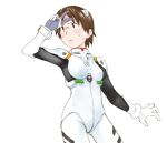  ayanami_rei_(cosplay) brown_eyes brown_hair cosplay dennou_coil glasses matsui_celine neon_genesis_evangelion okonogi_yuuko parody plugsuit short_hair solo sweat v 