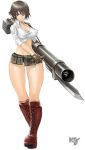  breasts brown_hair cleavage cleavage_cutout devil_may_cry devil_may_cry_3 gloves gun heterochromia lady large_breasts legs rocketlauncher short_hair smile weapon wide_hips 