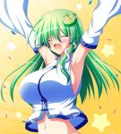  1girl ^_^ armpits arms_up breasts bust closed_eyes detached_sleeves expressive_clothes frog_hair_ornament green_hair hair_ornament hair_tubes huge_breasts kochiya_sanae navel open_mouth osashin_(osada) smile snake_hair_ornament solo star tears touhou 