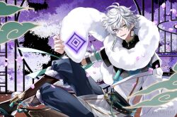  alase_00 architecture armband bandaged_arm bandages blue_pants boots braid earrings east_asian_architecture falling_petals green_armband grey_hair heterochromia highres jewelry knee_boots looking_at_viewer male_focus murakumo_kagetsu murakumo_kagetsu_(1st_costume) nijisanji on_floor open_mouth pants pants_tucked_in petals pink_petals short_sleeves single_braid single_earring smile solo turtleneck virtual_youtuber xiangyun 