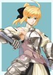  armor armored_dress armpits blonde_hair dress fate/stay_night fate/unlimited_codes fate_(series) faulds gauntlets green_eyes hairband makacoon saber saber_lily solo sword weapon 
