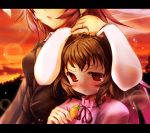  blazer brown_hair bunny_ears carrot hand_on_head height_difference inaba_tewi jewelry lens_flare long_hair necklace purple_hair rabbit_ears red_eyes reisen_udongein_inaba ribbon ribbons scarlet_(studioscr) sunset tears touhou 