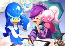  1girl :d antenna_hair chair closed_eyes commentary_request dot_(pokemon) doughnut drawing_(action) food hair_over_one_eye hand_up happy head_rest headphones highres holding holding_stylus indoors jacket lower_teeth_only nidothing omotemuki open_mouth pokemon pokemon_(anime) pokemon_(creature) pokemon_horizons purple_hair purple_jacket quaxwell sitting smile stylus table tablet_pc teeth tinkatuff tongue watermark 