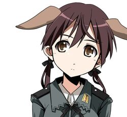  brown_eyes brown_hair gertrud_barkhorn military military_uniform ribbon source_request strike_witches twintails uniform 