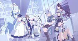  6+girls absurdres animal_ears bag black_gloves black_hair black_hoodie black_mask black_pants black_shoes black_shorts blue_archive blue_dress blue_eyes blue_hair boots brown_boots brown_eyes brown_hair demon_girl demon_horns dog_ears dog_girl dog_tail dress feathered_wings gloves goggles goggles_on_head green_eyes gun hair_between_eyes hand_on_own_cheek hand_on_own_face hat hibiki_(blue_archive) highres himari_(blue_archive) holding holding_bag holding_gun holding_weapon hood hoodie horns jacket long_hair looking_at_viewer mask mine_(blue_archive) misaki_(blue_archive) mouth_mask multiple_girls nurse nurse_cap on_floor pants pantyhose pointy_ears ponytail rifle sena_(blue_archive) shirt shoes short_hair shorts sidelocks sitting skirt sports_bra stomach sumire_(blue_archive) surgical_mask tail tamagore torn_clothes torn_pants twintails violet_eyes weapon wheelchair white_dress white_hair white_hat white_jacket white_pantyhose white_shirt white_skirt white_sports_bra wings 