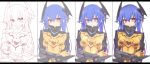  1girl blue_hair bodysuit breasts gradient_hair highres holding_arm kuna_(pso2) monochrome multicolored_hair phantasy_star phantasy_star_online_2 twintails work_in_progress yellow_eyes yosugara_shou 