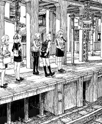  5girls ahoge backpack bag breasts building closed_mouth commentary_request go-toubun_no_hanayome greyscale hair_ribbon hatching_(texture) headphones headphones_around_neck highres kabuno_(camphora) linear_hatching long_hair long_sleeves medium_breasts monochrome multiple_girls nakano_ichika nakano_itsuki nakano_miku nakano_nino nakano_yotsuba own_hands_together pantyhose railroad_tracks ribbon shoes short_hair shoulder_bag siblings sisters skirt socks standing tactile_paving train_station train_station_platform 