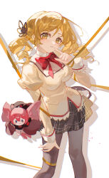  1girl absurdres black_pantyhose blonde_hair breasts charlotte_(madoka_magica) commentary_request drill_hair feet_out_of_frame flower hair_flower hair_ornament hand_on_own_thigh highres juliet_sleeves large_breasts leaning_to_the_side lixiang_guo_alice long_sleeves looking_at_viewer mahou_shoujo_madoka_magica medium_hair mitakihara_school_uniform pantyhose parted_lips plaid_clothes plaid_skirt puffy_sleeves ribbon school_uniform shirt skirt solo standing tomoe_mami twin_drills white_background yellow_eyes yellow_ribbon yellow_shirt 