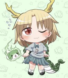  >_< 1girl :d ;3 antlers black_shoes blonde_hair blue_bow blue_shirt blue_skirt blush bow chibi chibi_only closed_mouth commentary_request dragon_tail full_body fur-tipped_tail green_background green_tail highres horns kicchou_yachie looking_at_viewer one_eye_closed otter_spirit_(touhou) parted_bangs pleated_skirt red_eyes rokugou_daisuke shirt shoes short_hair short_sleeves skirt skirt_hold smile socks standing sweatdrop tail touhou turtle_shell white_socks xd yellow_horns 
