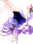  ikmg long_hair one-piece one-piece_swimsuit patchouli_knowledge purple_eyes purple_hair ribbon ribbons solo swimsuit touhou upside-down 
