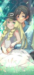  1boy 1girl absurdres alternate_costume b_(kana0816) black_hair blonde_hair blue_jacket borrowed_accessory braid closed_mouth commentary commission day dress eyelashes grass green_eyes grey_eyes highres hug hug_from_behind jacket light_rays lillie_(pokemon) long_hair outdoors pokemon pokemon_sm short_hair sleeveless sleeveless_dress smile tree twin_braids wristband 