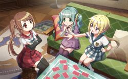  3girls annoyed artist_request ascot black_sleeves black_thighhighs blonde_hair blue_ascot blue_bow blue_bowtie blue_sailor_collar blue_skirt blunt_bangs bow bowtie breast_pocket brown_hair buttons card card_game carpet center_frills chuo_academy_school_uniform clenched_hands closed_mouth collared_shirt couch counter crest crossed_arms dot_nose dress frills full_body futaba_sana game_cg glass_table green_eyes green_hair grey_thighhighs hair_between_eyes hair_bobbles hair_intakes hair_ornament hair_ribbon hair_scrunchie high-waist_skirt high_collar highres indoors jewelry kamihama_university_affiliated_school_uniform kneehighs layered_sleeves light_blush living_room long_hair long_sleeves looking_at_another low_twintails magia_record:_mahou_shoujo_madoka_magica_gaiden mahou_shoujo_madoka_magica mahou_shoujo_madoka_magica_magia_exedra miniskirt mitsuki_felicia mizuna_girls&#039;_academy_school_uniform multiple_girls neck_ribbon no_shoes official_art on_couch on_stool pillow pink_eyes plaid_clothes plaid_skirt playing_card playing_games pleated_dress pleated_skirt pocket pointing pointing_at_another purple_dress red_ribbon red_sailor_collar red_skirt ribbon ring sailor_collar school_uniform scrunchie shirt shirt_under_dress short_dress short_over_long_sleeves short_sleeves side_ponytail sidelocks sitting skirt sleeves_past_wrists smile smug socks striped_wristband swept_bangs table tareme thigh-highs third-party_source twintails v-shaped_eyebrows very_long_hair violet_eyes wavy_hair white_ribbon white_shirt wooden_floor wristband yellow_scrunchie yui_tsuruno zettai_ryouiki 