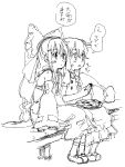  eating food hakurei_reimu kirisame_marisa monochrome multiple_girls onigiri porch randou sitting sketch touhou translated veranda 