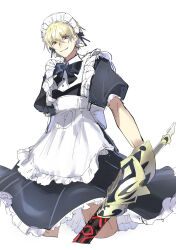  1boy apron ayanolity black_dress blonde_hair breasts commentary_request crossdressing dress ea_(fate) fate/stay_night fate_(series) gilgamesh_(fate) holding holding_weapon maid maid_apron maid_headdress male_focus medium_breasts puffy_short_sleeves puffy_sleeves red_eyes short_sleeves smile solo weapon 