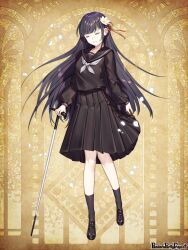  1girl black_hair black_sailor_collar black_serafuku black_shirt black_shoes black_skirt black_socks blind blunt_bangs brown_background cane closed_eyes closed_mouth copyright_name falling_petals flower hair_flower hair_ornament hair_ribbon holding holding_cane loafers long_hair long_sleeves medium_skirt neckerchief pandora_party_project petals pleated_skirt red_ribbon ribbon sailor_collar school_uniform serafuku shichimi shirt shoes skirt skirt_hold smile socks solo standing white_cane white_flower white_neckerchief 