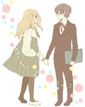  blush couple dress formal hand_holding holding_hands lowres pantyhose school_uniform serafuku suit utai_yumi yumi_(pixiv44659) 