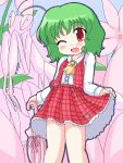  ascot chibi flower geetsu green_hair kazami_yuuka minigirl oekaki open_mouth plaid plaid_skirt plaid_vest praying_mantis red_eyes short_hair skirt skirt_lift skirt_set smile touhou wink 