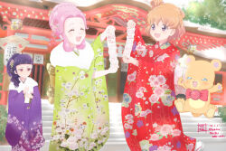  3girls architecture asahina_mirai braid brown_eyes brown_hair closed_eyes commentary_request crown_braid east_asian_architecture flower fur_scarf hair_bun hair_flower hair_ornament hanami_kotoha hatsumoude holding_omikuji izayoi_liko japanese_clothes kanzashi kimono long_sleeves mahou_girls_precure! mofurun_(mahou_girls_precure!) multiple_girls new_year omikuji open_mouth outdoors pink_hair ponytail precure purple_hair sakihi shrine smile stairs star_wand translation_request violet_eyes wand wide_sleeves 