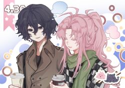  2boys absurdres antenna_hair black_eyes black_hair black_shirt brown_jacket checkered_clothes checkered_shirt chinese_commentary closed_eyes colored_eyelashes commentary_request cup curtained_hair dated eyelashes green_scarf hair_between_eyes hatsutori_hajime highres holding holding_cup jacket long_hair male_focus multiple_boys official_alternate_costume official_alternate_hairstyle open_mouth parted_bangs ponytail saibou_shinkyoku scarf shirt sidelocks smile solo speech_bubble thought_bubble utsugi_noriyuki yunchebudade 