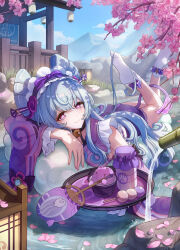  1girl absurdres apron aqua_hair bell blackxyfaf breasts cherry_blossoms dango dango_milk_(genshin_impact) detached_sleeves fingernails food frilled_apron frilled_hairband frills full_body genshin_impact hairband highres holding holding_tray japanese_clothes looking_at_viewer lying neck_bell nihongami no_shoes on_stomach outdoors petals pink_pupils smile socks tail tapir_tail tray violet_eyes vision_(genshin_impact) wagashi white_socks wide_sleeves yumemizuki_mizuki 