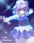  hat lavender_hair letty_whiterock omuni outstretched_arms short_hair smile snowflakes spread_arms touhou 