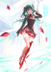  1girl abstract_background absurdres anklet armored_boots badge belt black_gloves black_order_uniform blue_background blue_sky boots brown_coat coat colorful_background cross d.gray-man falling_petals fingerless_gloves floating flying gloves green_hair green_stripes hair_between_eyes hair_ribbon hand_in_own_hair high_heels highres jewelry legs lenalee_lee long_hair long_sleeves looking_at_viewer mibe_(goforit_mibe) military military_uniform miniskirt open_mouth petals pillar pink_skirt pink_thighhighs pleated_skirt red_boots red_petals red_ribbon red_shoes red_stripes ribbon shoes sidelocks signature single_armored_boot single_boot single_shoe skirt sky smile solo striped_background striped_coat thigh-highs thighs twitter_username two_side_up vertical-striped_coat violet_eyes white_background zettai_ryouiki 