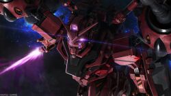  absurdres beam_cannon bit_(gundam) copyright_logo energy energy_sword extra_eyes glowing glowing_eyes gundam gundam_battle_operation_2 gundam_gquuuuuux highres lens_flare machinery mecha mecha_focus mobile_suit nebula no_humans official_art painting_(medium) realistic red_gundam robot scan science_fiction space star_(sky) sunrise_(company) sword tenjin_hidetaka thrusters traditional_media v-fin violet_eyes weapon zeon zero_gravity 