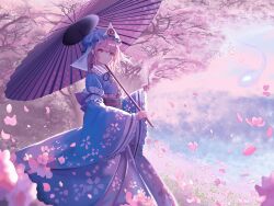  1girl absurdres blue_hat blue_kimono cherry_blossoms chinese_commentary closed_mouth commentary_request day hat highres holding holding_umbrella japanese_clothes kimono liefeng_dm long_sleeves mob_cap oil-paper_umbrella outdoors pink_eyes pink_hair saigyouji_yuyuko short_hair solo standing touhou tree triangular_headpiece umbrella wide_sleeves 