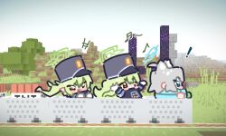  ! 3girls animal_ears blue_archive blue_halo chibi chibi_only commentary day explosive grass green_hair green_halo grey_hair halo hat highres hikari_(blue_archive) ishikoro24 long_hair minecart minecraft multiple_girls musical_note nozomi_(blue_archive) outdoors shiroko_(blue_archive) tnt tnt_block_(minecraft) 