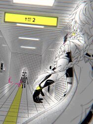  2boys absurdres aether_(genshin_impact) ahoge albedo_(genshin_impact) armor baggy_pants blood blood_on_ground blood_on_hands blood_on_weapon boots braid closed_mouth floor full_body gauntlets genshin_impact gloves greyscale_with_colored_eyes hair_between_eyes hair_ornament hair_ribbon hallway highres holding holding_sword holding_weapon hood hoodie indoors kemono_j long_hair looking_at_another low-tied_long_hair mandarin_collar midriff multiple_boys open_clothes open_hoodie pants partially_colored pink_blood pink_eyes ribbon scarf shirt short_hair short_sleeves shoulder_armor single_braid standing subway_station sword the_exit_8 weapon 