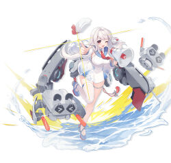  1girl ;d asymmetrical_legwear blue_sailor_collar blush braid breasts changchun_(warship_girls_r) commentary_request detached_sleeves dress full_body hair_ornament hasu_(velicia) hat holding large_breasts leg_ribbon long_hair looking_at_viewer necktie one_eye_closed open_mouth outstretched_arm red_eyes red_necktie ribbon rigging sailor_collar sailor_dress shoes side_braids single_thighhigh sleeveless smile solo standing standing_on_one_leg thigh-highs thigh_strap unworn_hat unworn_headwear warship_girls_r water white_background white_dress white_hair white_thighhighs 