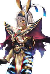  1girl ancient_egyptian ancient_egyptian_clothes animal_ears ankh ankh_necklace bandages belly_chain black_bandages breasts dark-skinned_female dark_skin earrings facepaint facial_mark fate/grand_order fate_(series) glowing_skin highres hoop_earrings jackal_ears jewelry leila_(yurisouls) long_hair looking_at_viewer multicolored_hair nemes nitocris_(fate) nitocris_alter_(fate) outstretched_hand red_lips simple_background solo usekh_collar white_background white_hair yellow_eyes 