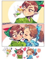  1boy 2girls blonde_hair blue_eyes breasts brown_hair cosplay dress fairy fairy_wings feathers green_dress green_tunic hair_bun hat_feather mini_person multiple_girls peter_pan_(character) pointy_ears pointy_hat red_feathers repikinoko short_hair single_hair_bun smile strapless strapless_dress tinker_bell_(disney) tinker_bell_(disney)_(cosplay) tunic walt_disney&#039;s_peter_pan wendy_darling wings 