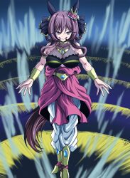  1girl absurdres animal_ears aura boots bracer breasts broly_(dragon_ball_z) broly_(dragon_ball_z)_(cosplay) brown_eyes brown_hair closed_mouth commentary cosplay dragon_ball dragon_ball_z ear_ornament full_body gentildonna_(umamusume) gorget hair_ornament halterneck highres horse_ears horse_girl horse_tail kamishima_kanon large_breasts legendary_super_saiyan long_hair looking_at_viewer pants red_tunic smile solo standing super_saiyan tail tunic umamusume white_pants yellow_boots 